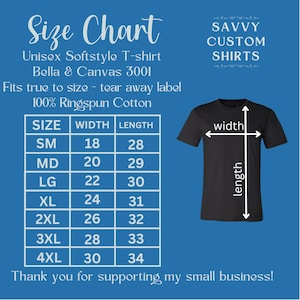 May include: Size chart for unisex t-shirts made from 100% ringspun cotton. The chart shows the width and length measurements in inches for sizes small to 4XL.