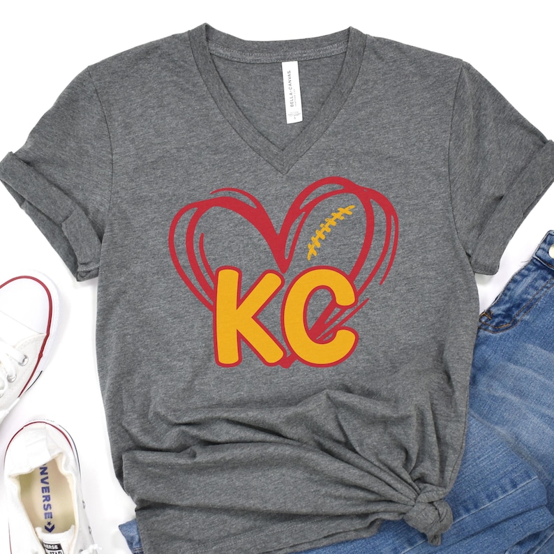KC Tank Top Women, Kansas City Football Fan Vneck Tee, KC Heart Football T-shirt, KC Heart Tank Top, Kansas City Football Shirt for Women