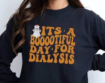 Camiseta de técnico de diálisis de Halloween, colores cómodos para enfermeras de diálisis, camiseta de manga larga para técnico de diálisis, camiseta de tripulación Boo Boo de diálisis espeluznante