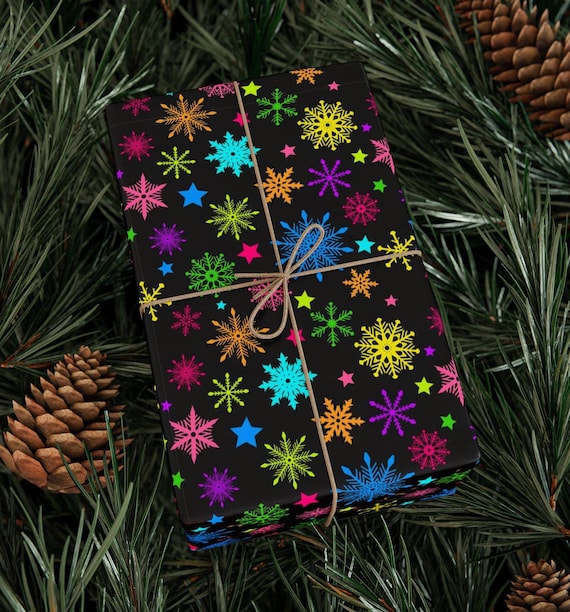 Neon Snowflake Black Christmas Wrapping Paper