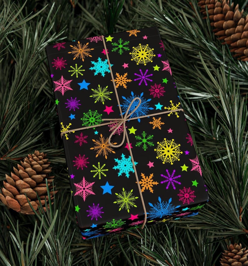 Neon Snowflake Black Christmas Wrapping Paper
