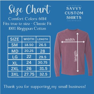 May include: A mauve long-sleeve shirt with a size chart and the text "Size Chart." The chart lists shirt sizes SM to 3XL with width and length measurements in inches. The text "SAVVY CUSTOM SHIRTS" is also visible.