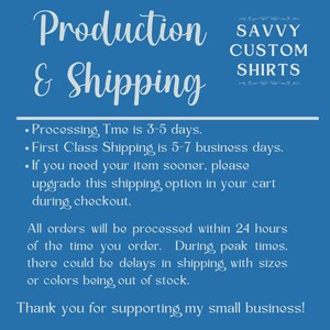 May include: A blue and white graphic with the text "Production & Shipping" and "Savvy Custom Shirts". The text describes the processing time and shipping options for orders. The text also states that all orders will be processed within 24 hours of being placed.