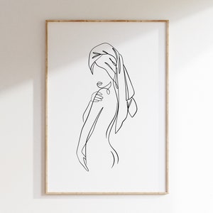 Bathroom Line Art, Woman in Robe, Woman Art, Bathroom Print, Digital Download, Modern Bathroom Prints, Bathroom Wall Decor