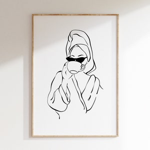 Bathroom Line Art, Woman in Robe, Woman Art, Bathroom Print, Digital Download, Modern Bathroom Prints, Bathroom Wall Decor
