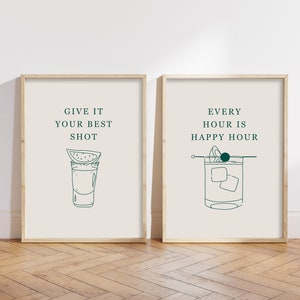 Set of 2 Kitchen Prints, Cocktail Wall Art, Bar Art, Bar Cart Prints, Retro Posters, Digital Download, Kitchen Decor, Trendy Wall Art