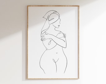 May include: A framed wall art print featuring a black single-line drawing of a figure with a head covering, shown from the waist up with arms crossed over the chest. The artwork is presented in a light-colored wooden frame on a white background.