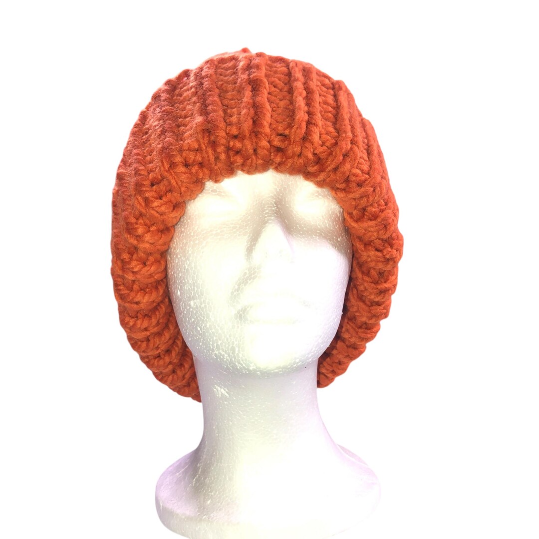 CHUNKY Ribbed Hand Knit Pumpkin Spice Beanie Hat With Pom 