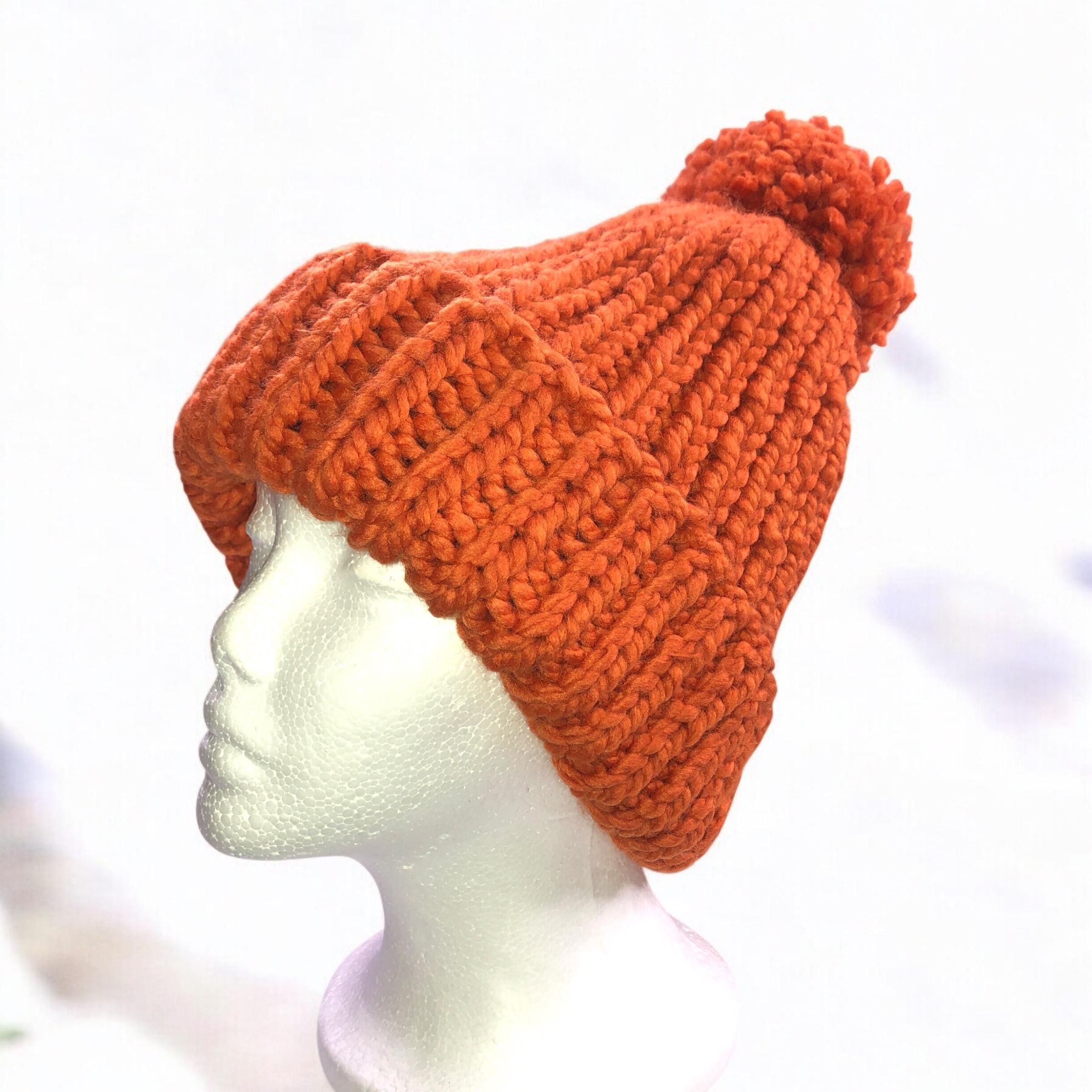 CHUNKY Ribbed Hand Knit Pumpkin Spice Beanie Hat with Pom Pom Snowy wheat hat made with lion brand yarn main image 4