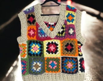 Chaleco de crochet extragrande con patchwork artesanal multicolor