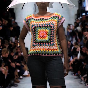 Crochet Bohemian Multicolor Scoop Pull-over Neck Sweater
