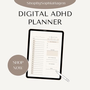 May include: A digital planner for people with ADHD. The planner is on a tablet screen and has a black background with white text. The planner includes sections for daily affirmations, notes, and a daily schedule. The text "Shop Now" is in a circle on the left side of the image.