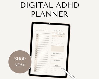 May include: A digital planner for people with ADHD. The planner is on a tablet screen and has a black background with white text. The planner includes sections for daily affirmations, notes, and a daily schedule. The text "Shop Now" is in a circle on the left side of the image.