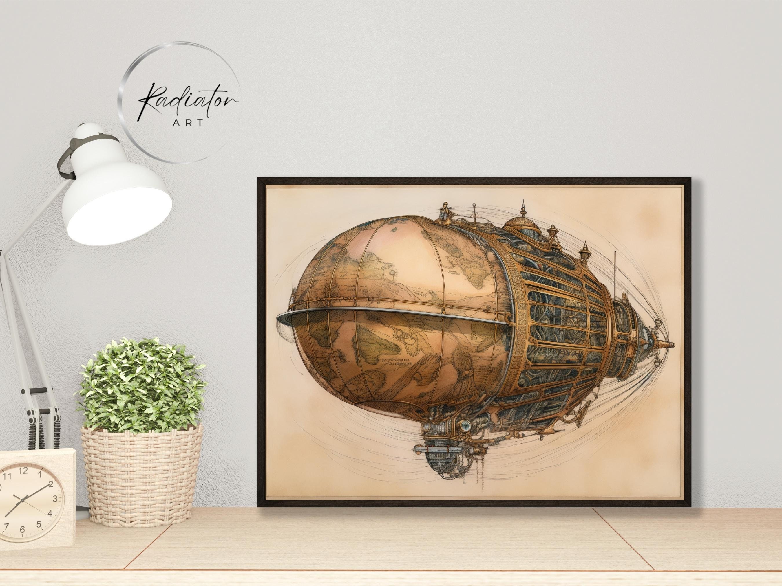Steampunk Airship Illustration Antique Sketch, Home Decor, Downloadable ...