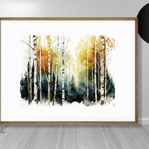Birch Trees Watercolor Landscape | Forest Wall Art, Nature Painting, Downloadable PRINTABLE Digital Art Print, Home Decor