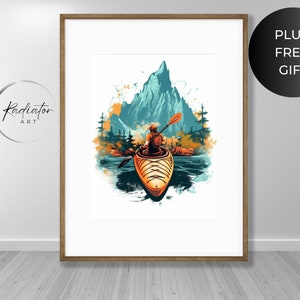 Kayak en las montañas / Arte del cartel, Arte de la pared, Arte imprimible digital, Arte de la pared impresa, Ilustración del paisaje