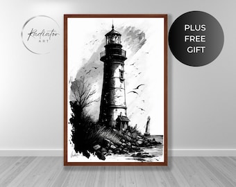 Impresión artística de boceto a tinta de faro / Arte mural costero (descarga digital)