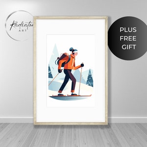 Esquí de fondo / Arte de carteles retro, Arte de pared, Arte imprimible digital, Arte de pared impreso, Ilustración de deportes de invierno