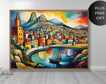 Colorful Waterfront Painting | Vibrant Coastal Art (Digital Download)