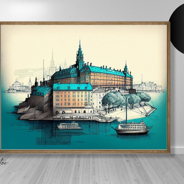 Stockholm Sketch  | Fine art print, Digital print art, Stockholm cityscape, Travel art, Famous buildings, Print Wall art