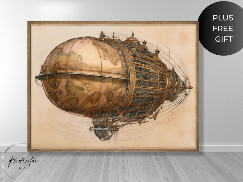 Steampunk Airship Illustration Antique Sketch, Home Decor, Downloadable ...