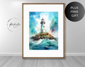 Impresión de acuarela de faro / Decoración costera para el hogar (descarga digital)