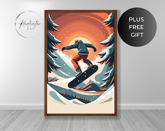 Puede incluir: Una ilustración digital de un snowboarder con una chaqueta roja y negra, bajando por una ladera de montaña nevada. El fondo es una puesta de sol con tonos naranja, amarillo y azul. La imagen está enmarcada en un marco de madera marrón.