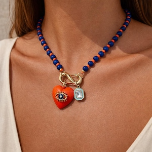 18" Custom Charm Carabiner Charm Necklace | Gemstone Beaded Necklace | Colorful Necklaces Pick Any 2 Charms | Jewelry Gift for Girls