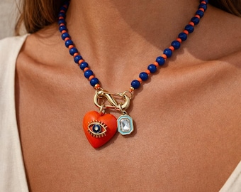 18" Custom Charm Carabiner Charm Necklace | Gemstone Beaded Necklace | Colorful Necklaces Pick Any 2 Charms | Jewelry Gift for Girls