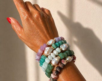 Nugget Gemstone & Baroque Pearl Bracelet | Amazonite Bracelet | Aquamarine Bracelet | Aventurine Bracelet | Kunzite Bracelet | Rhodonite