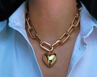Bubble Gold Heart Pendant Paperclip Chain Choker Necklace | Jewelry Gifts Jewelry Gift Resort Jewelry | Galentine's Gift