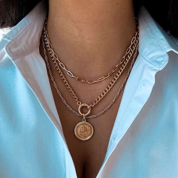 Gold Coin Medallion Necklace | Cuban Chain Layer | Layer Link Chain | Paperclip Necklace | 18k Gold Layered Necklace Set | Gold Necklace Set