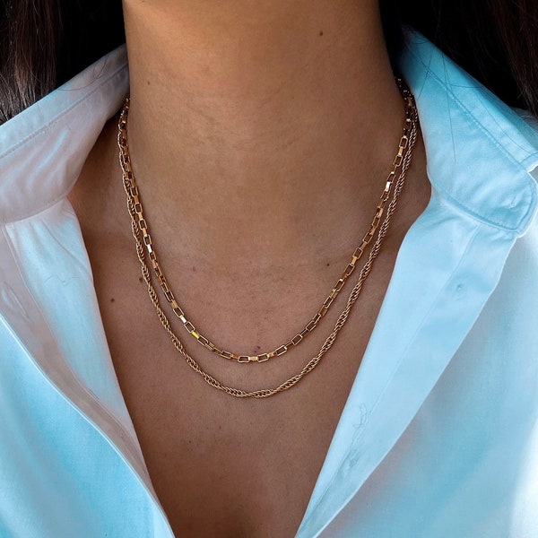 Skinny Rope Chain | 18" Gold Rope Necklace | Gold Rope Chain | Gold Square Box Chain Necklace | Gold Necklace Set | Layered Gold Necklaces