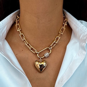 Chunky Link Chain Necklace, Gold Love Heart Carabiner, Large Puffy Love Heart Pendant, Paved Carabiner Choker Necklace, Gift for Mom Wife