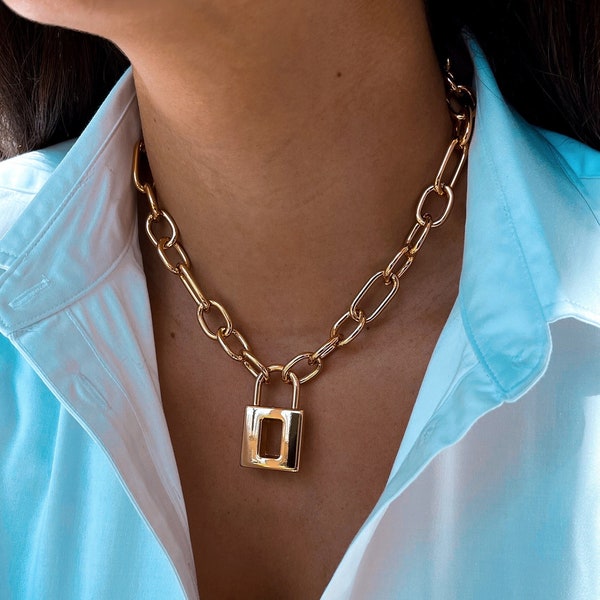 Gold Lock Necklace Chain | Padlock Pendant Charm Hardware Necklace Oversized Padlock Trendy Locket Jewelry | Mothers Day Jewelry Gift