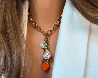 Gouden Love Lock-hartketting | Laryat-bedelketting | Bedel ketting | Dikke schakelketting cadeau voor haar