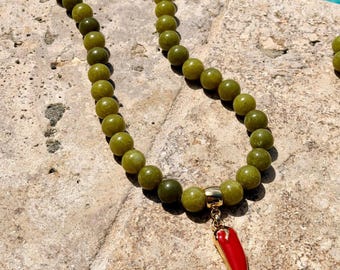 Green Jade Pepper Necklace | 12mm Beaded Necklace | Chunky Green Necklace | Cornicello Charm Jewelry | Statement Necklace  Gemstone Necklace