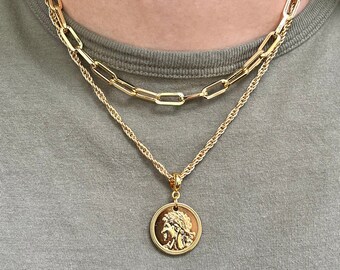Gold Coin Medallion Layered Necklace: Paperclip Chain Choker | Jewelry Gifts Jewelry Gift Resort Jewelry | Galentine's Gift | Ocean Jewelry