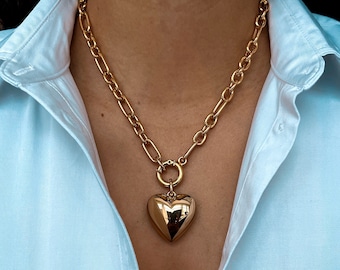 Bubble Gold Puffy Heart Pendant Necklace - 17” Love Charm | Jewelry Gifts Jewelry Gift Resort Jewelry | Galentine's Gift