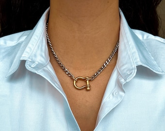 Gold Carabiner Lock Charm Necklace | Silver Cuban Chain Necklace With Screw Marine Shackle Horseshoe Clasp Anchor Carabiner Anchor Shackle