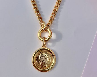 18-inch ketting met gouden muntmedaillon | Cubaanse ketting | Bedelketting met oude munt | Gelaagde ketting | Sieraden kerstcadeau