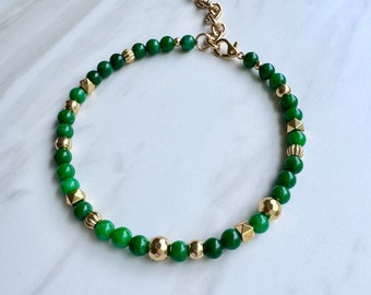 Green Jade Beaded Necklace | Gold Paperclip Chain | Green Clover Charm Necklace | Malachite Charm Necklace |m| Green Gemstone Necklace