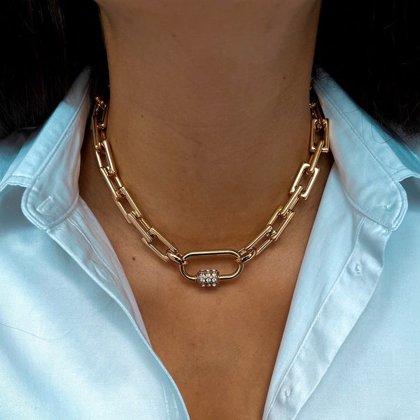 Square Link Chain Necklace | Paved Carabiner Clasp Choker  | Mothers Day Jewelry Gift | Fashion Jewelry | Gift for Her | Handmade Jewelry