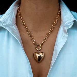 17” Gold Love Puff Heart Necklace | Large Gold Puffy Love Heart Pendant | Heart Necklace Charm | Big Heart Pendant Necklace | Gift For Her
