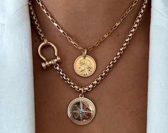 18&quot; Gold Horseshoe Shackle Clasp Necklace | Compass Charm Necklace | Boxchain Necklace, Valentines Gift | Siren Jewelry