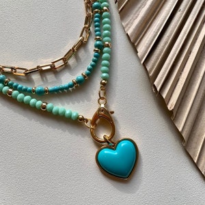 Green Crystal Beads Necklace | Turquoise Heart Charm Beaded Turquoise Choker Gold Filled Paperclip Chain Choker Teal Jewelry Cute Necklace