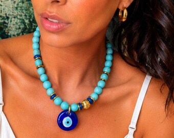 Mikonos Necklace | Turquoise Magnesite Necklace | Lampwork Evil Eye Charm Necklace | Mediterranean Inspired Jewelry | Gift for Her