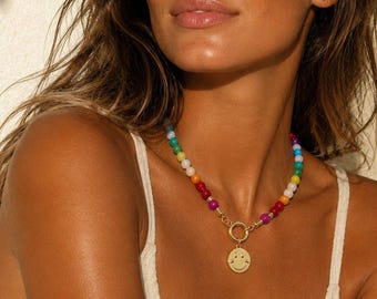 Smiley Rainbow Gemstone Necklace | Colorful Stone Necklace | Smile Face Charm Necklace | Beaded Necklace Summer Beach Necklace Gift for Her