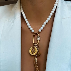 Gemstone Charms Necklace | Lion Y Lariat Necklace | Carabiner Fish Charm Necklace | Lariat Necklace | Charms necklace | Gift for Mom