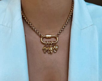 Boy and Girl Charm Necklace | Gold Box Chain | Carabiner Necklace | Gift for Mom | Gift for Birthday | Gift for Christmas | Baby Charms